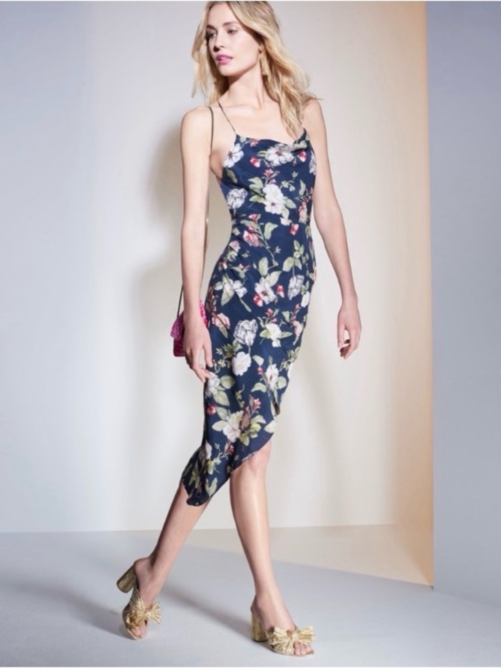 Alice + Olivia Navy Floral Slip Midi Dress